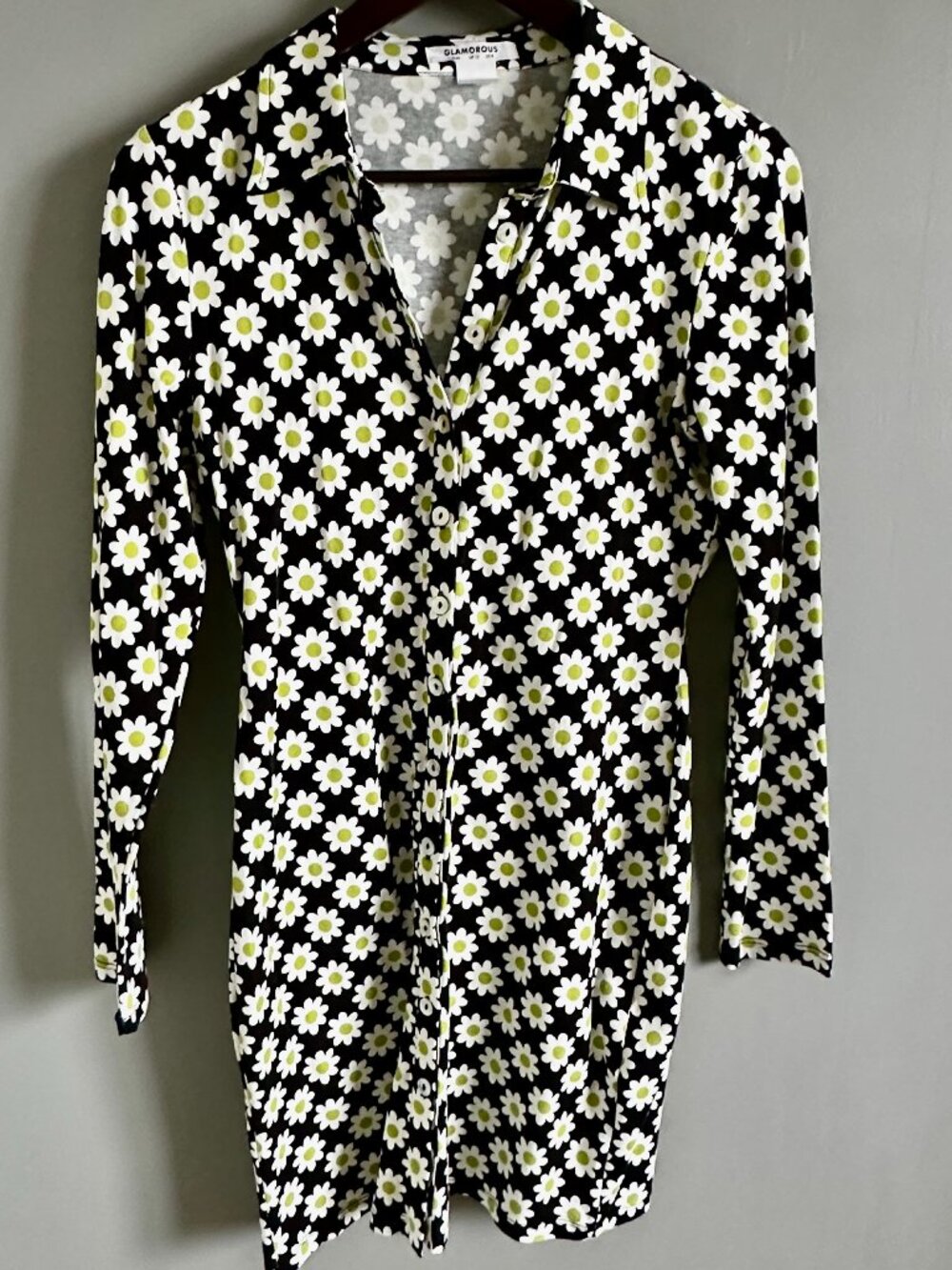 Glamorous Women's Daisy Black-White-Green Long Sleeve Dress Size US 8 NWOT